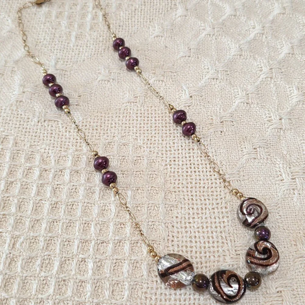 Artisan Peacock Purple Glass Pearl Amethyst Cat Eye Bead 14k / 20 Necklace 21